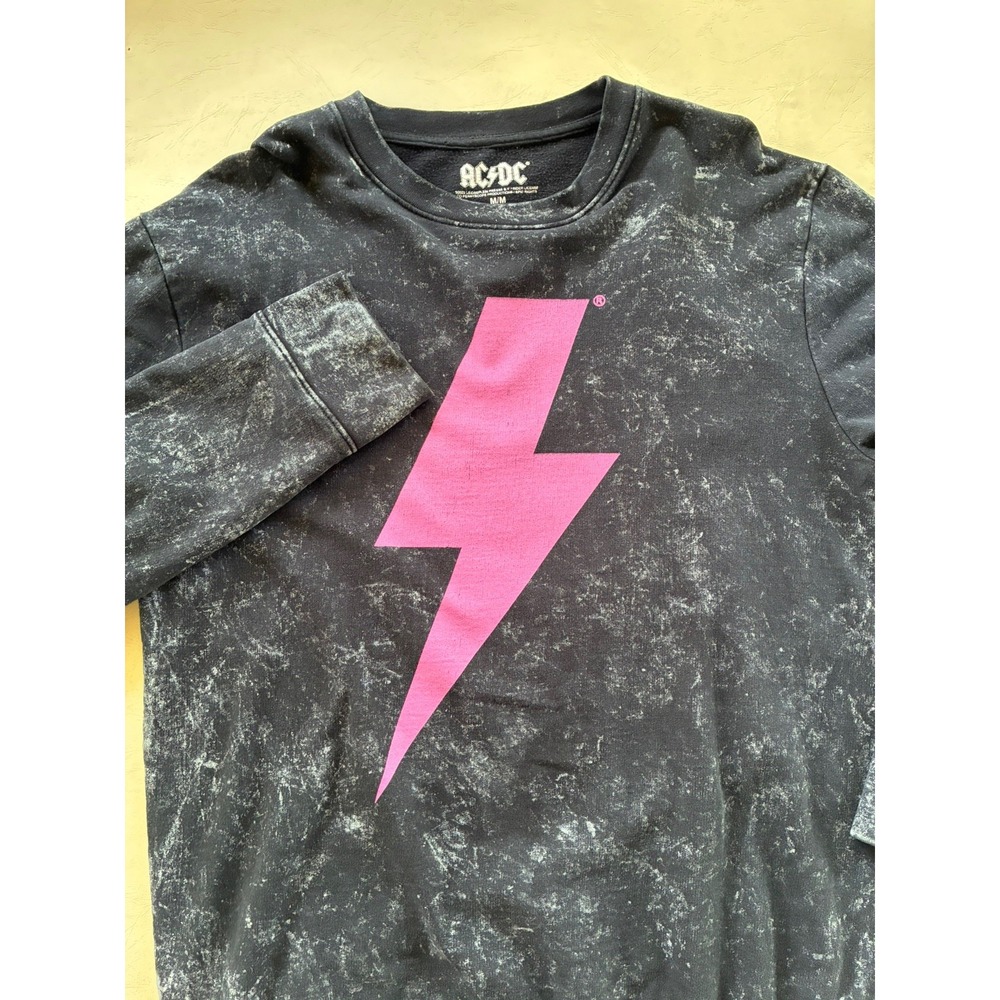 AC/DC Bolt Sweatshirt Pullover Medium Black2 Sided Bleach Dye NWT Oversized